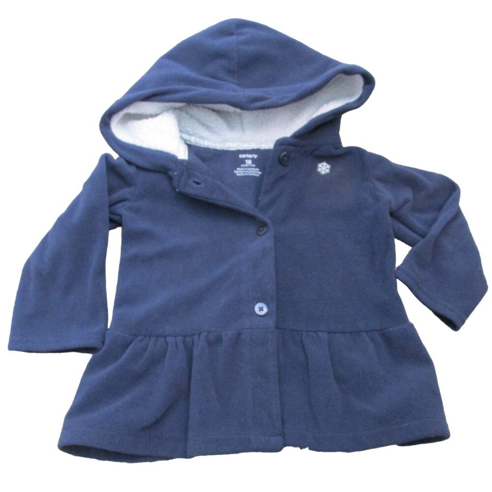 Carters Hooded Button Up Fleece Jacket Toddler Girls 18M Blue Long Sleeve Coat